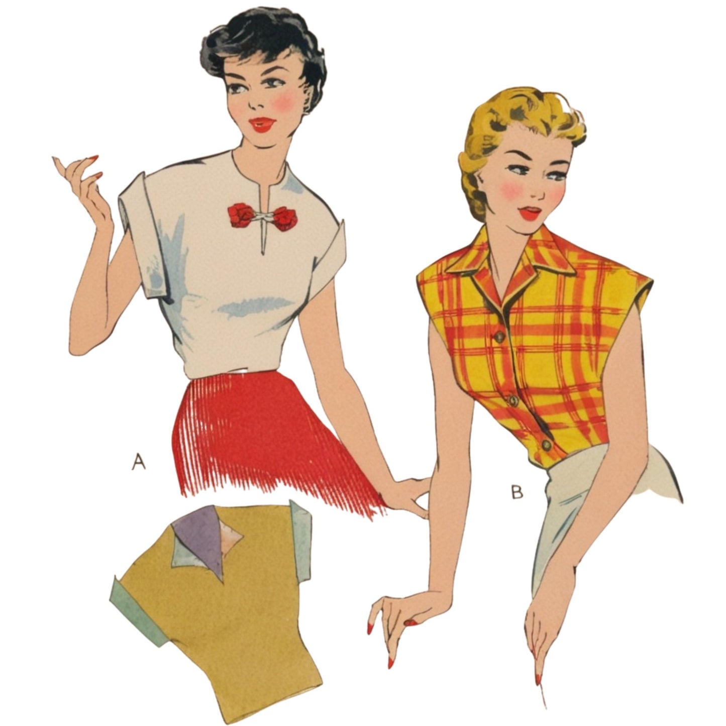 Illustration of two women with vintage clothing designs on a white background