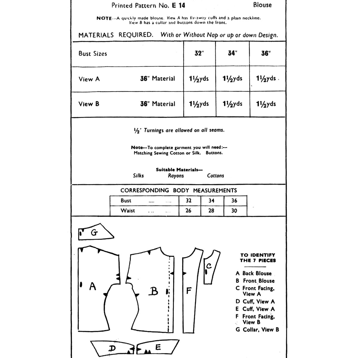 A vintage sewing pattern cover page for 'Blouse' from 'Printed Pattern No. E 14', showing measurement tables, fabric requirements, sewing notes, and front/back pattern pieces with labelled letters on a white page.