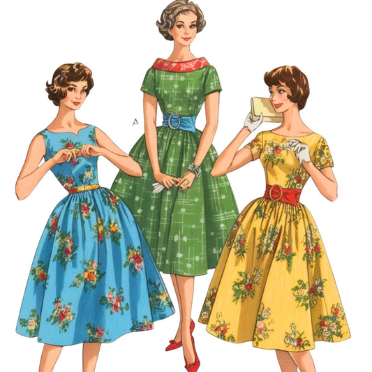 Three women wearing vintage-style dresses with floral patterns on a white background