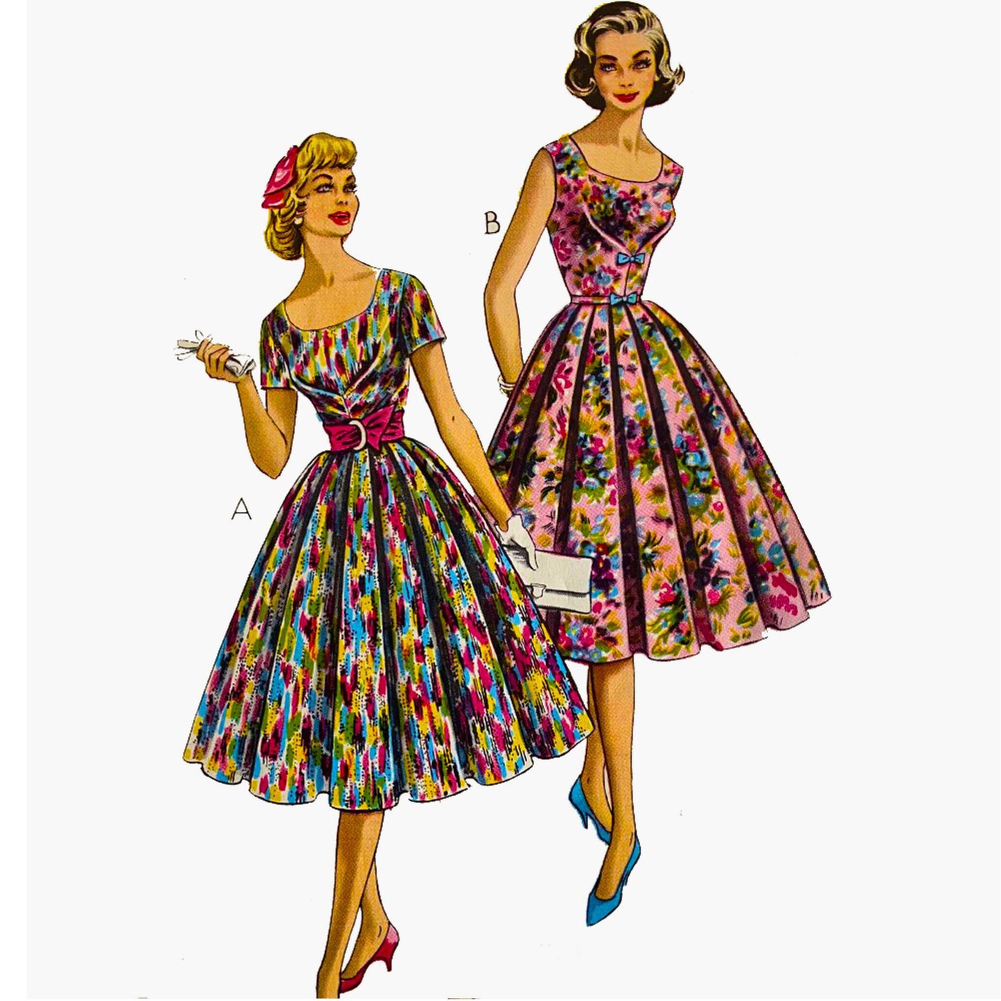 Two women wearing colorful vintage dresses on a white background