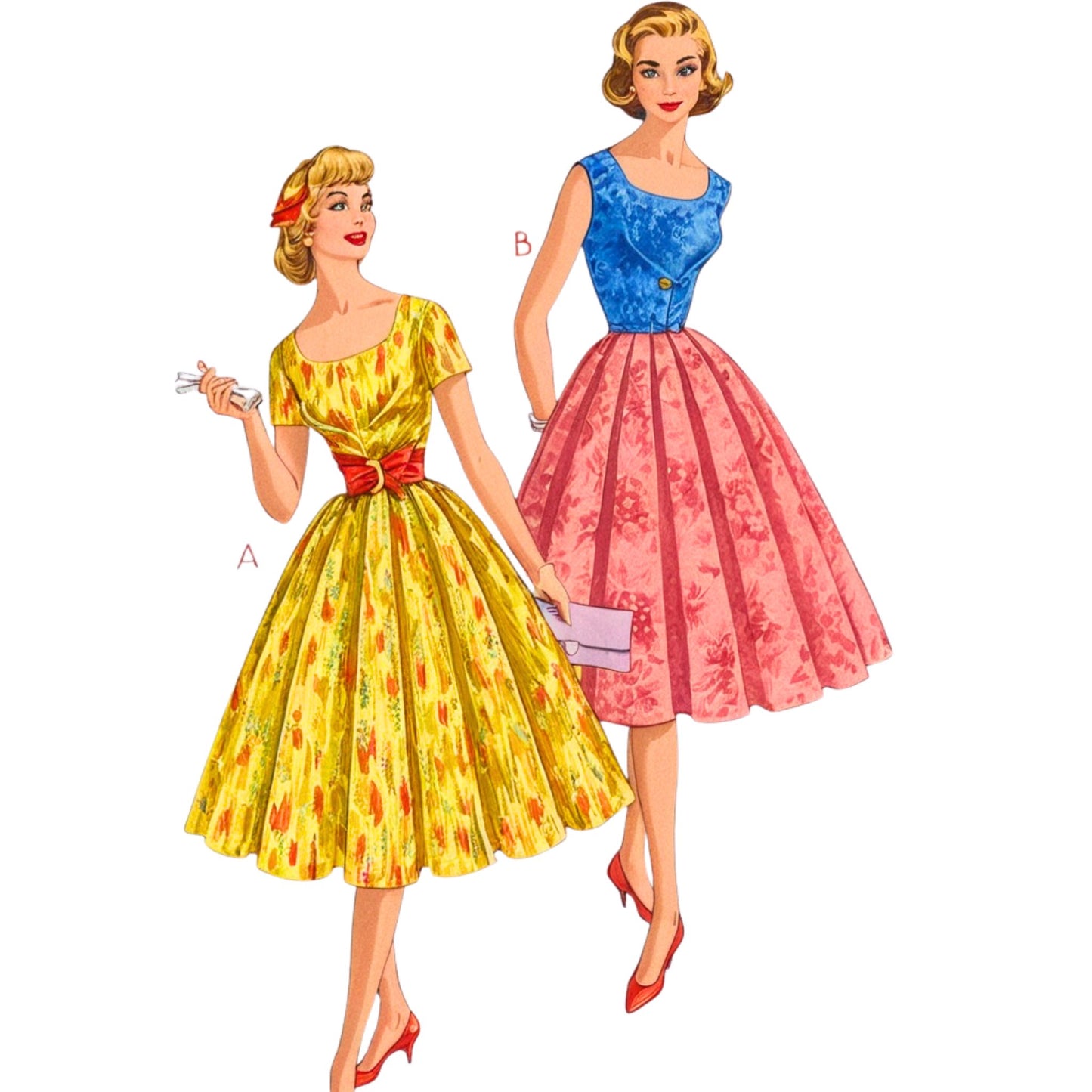 Two vintage-style dresses on illustrated women against a white background