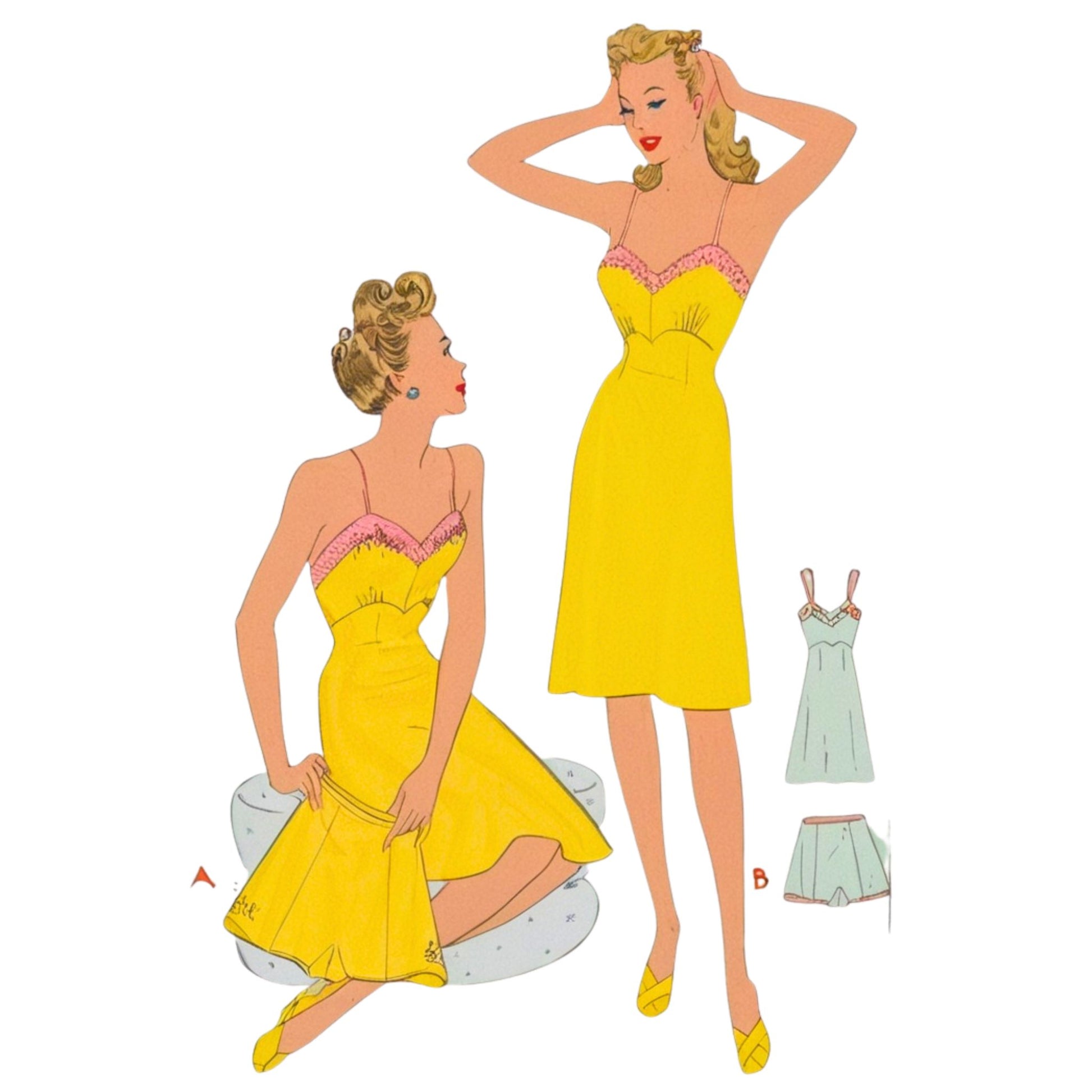 A woman wearing a yellow slip on a white background