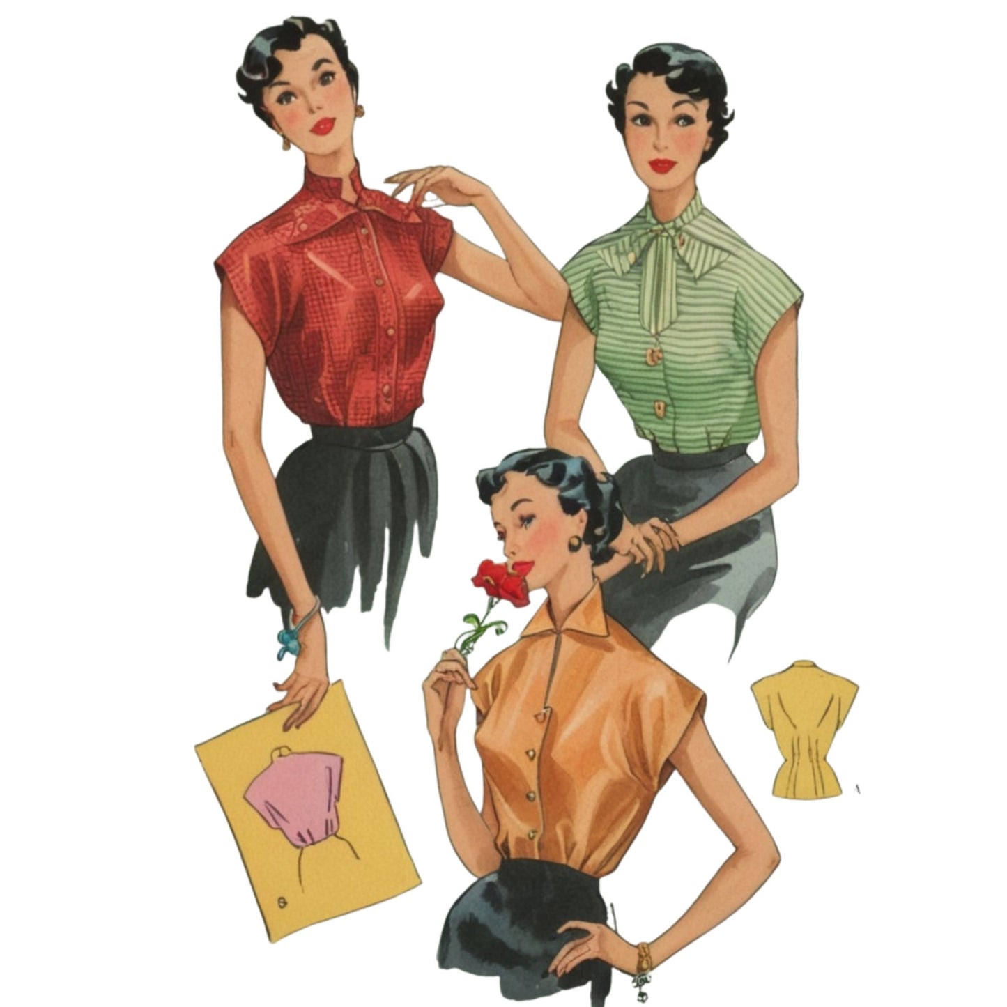 Vintage-style illustration of three women wearing blouses with patterned paper原型 pieces displayed.