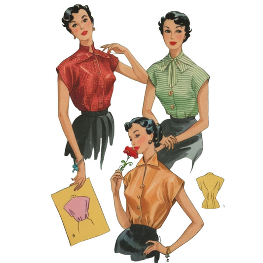 Vintage-style illustration of three women wearing blouses with patterned paper原型 pieces displayed.