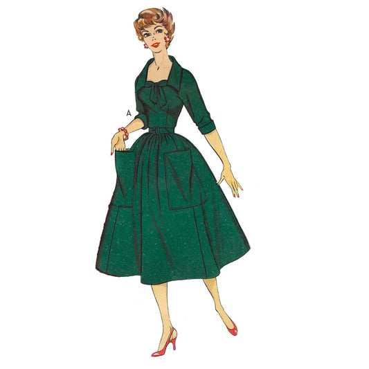 Model wearing 1950s dress made from Economy Design E108 pattern