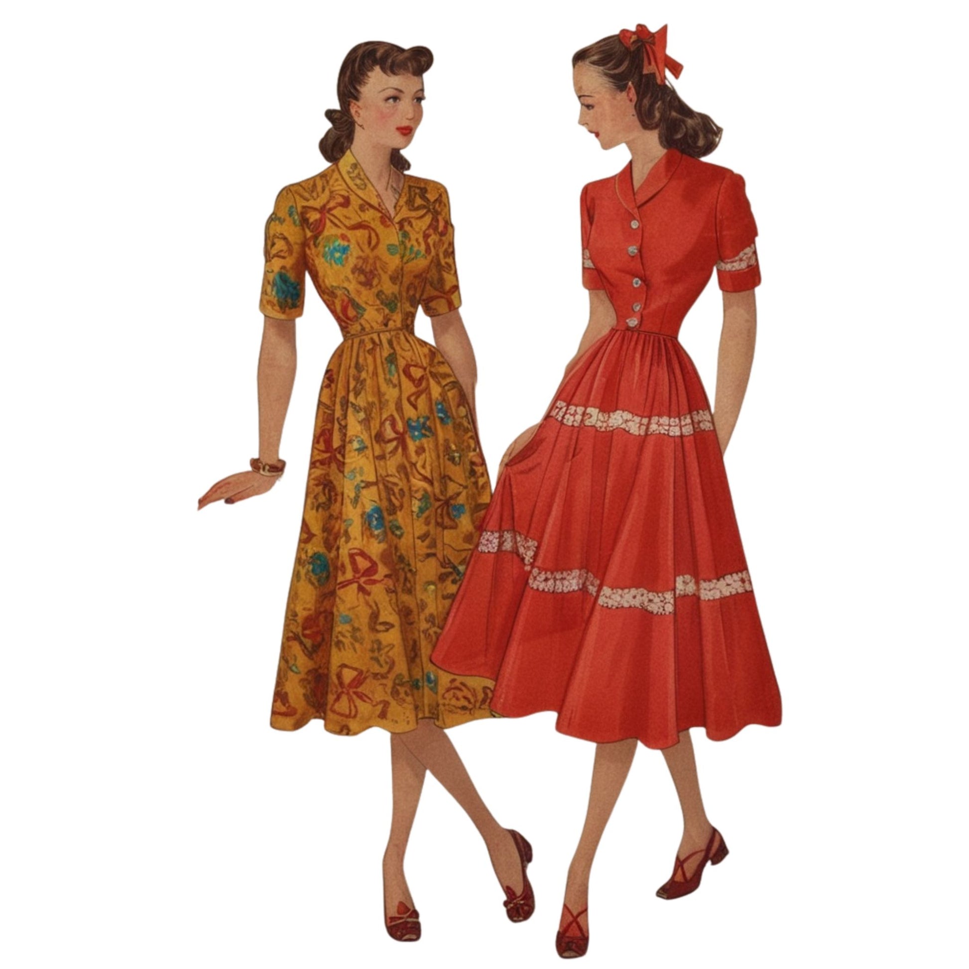 Two women wearing vintage dresses on a white background