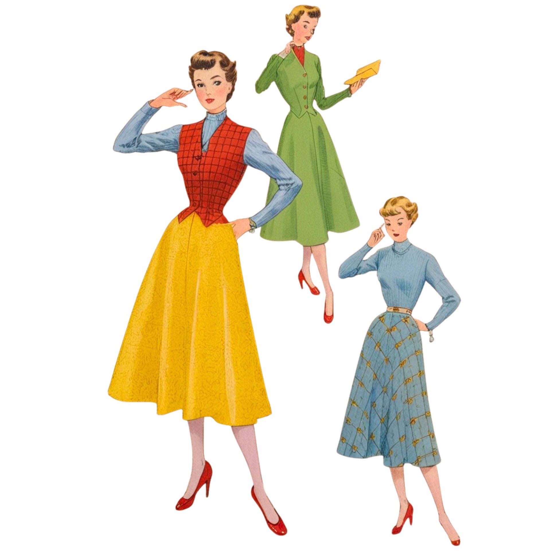 Three illustrated women in vintage-style clothing on a white background
