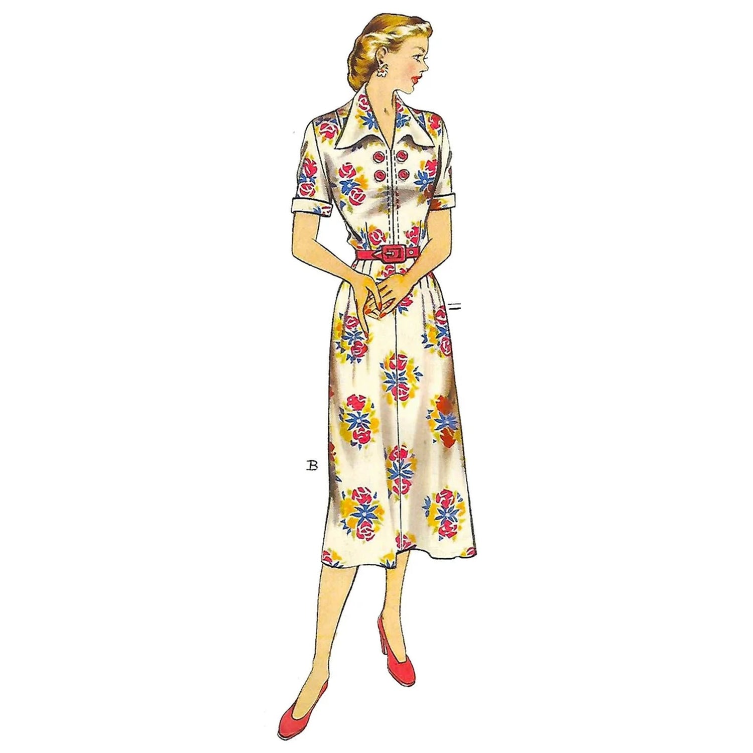 Model wearing 1940s dress made from Economy Design E7 pattern