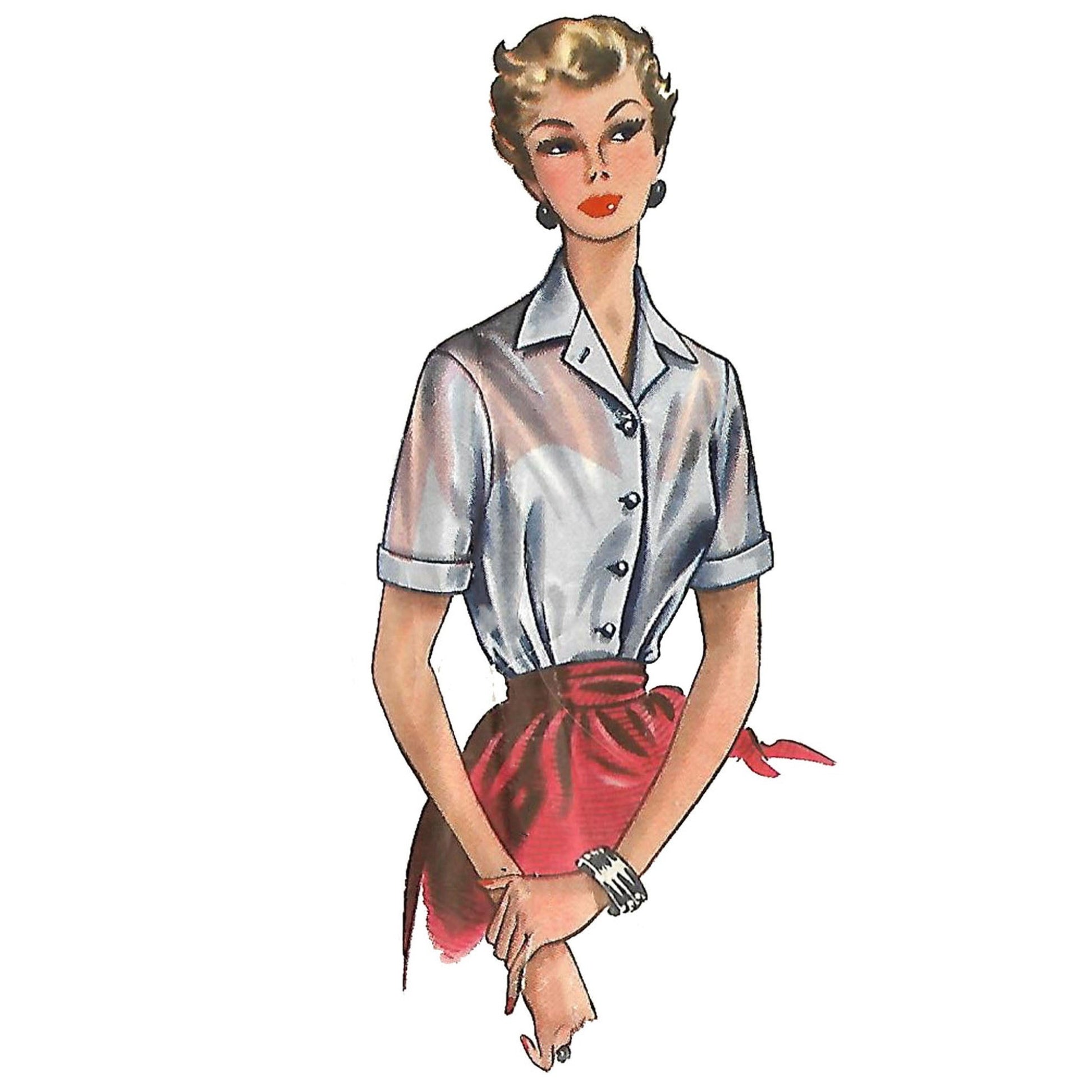 Model wearing 1940s blouse made from Economy Design E86 pattern