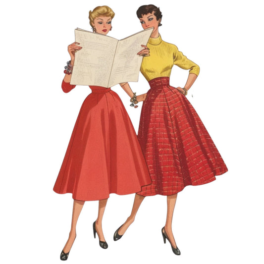 Illustration of two women wearing red skirts with a white background