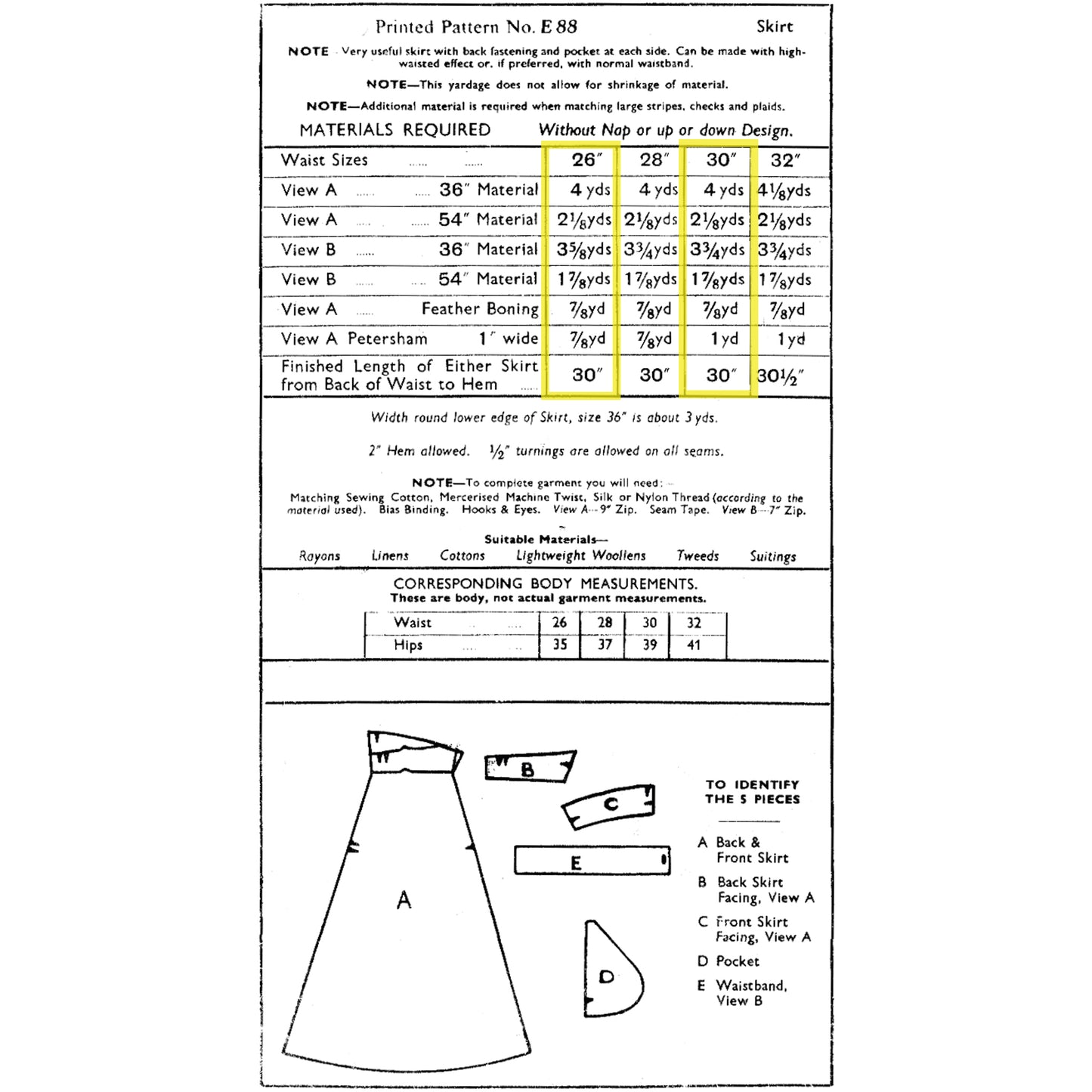 A printed sewing pattern sheet for skirt E88, showing waist sizes, materials required, folding instructions, and a front/back view diagram with labelled sections A through E.