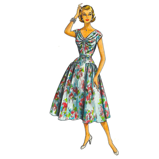 Model wearing 1950s dress made from Economy Design E91 pattern