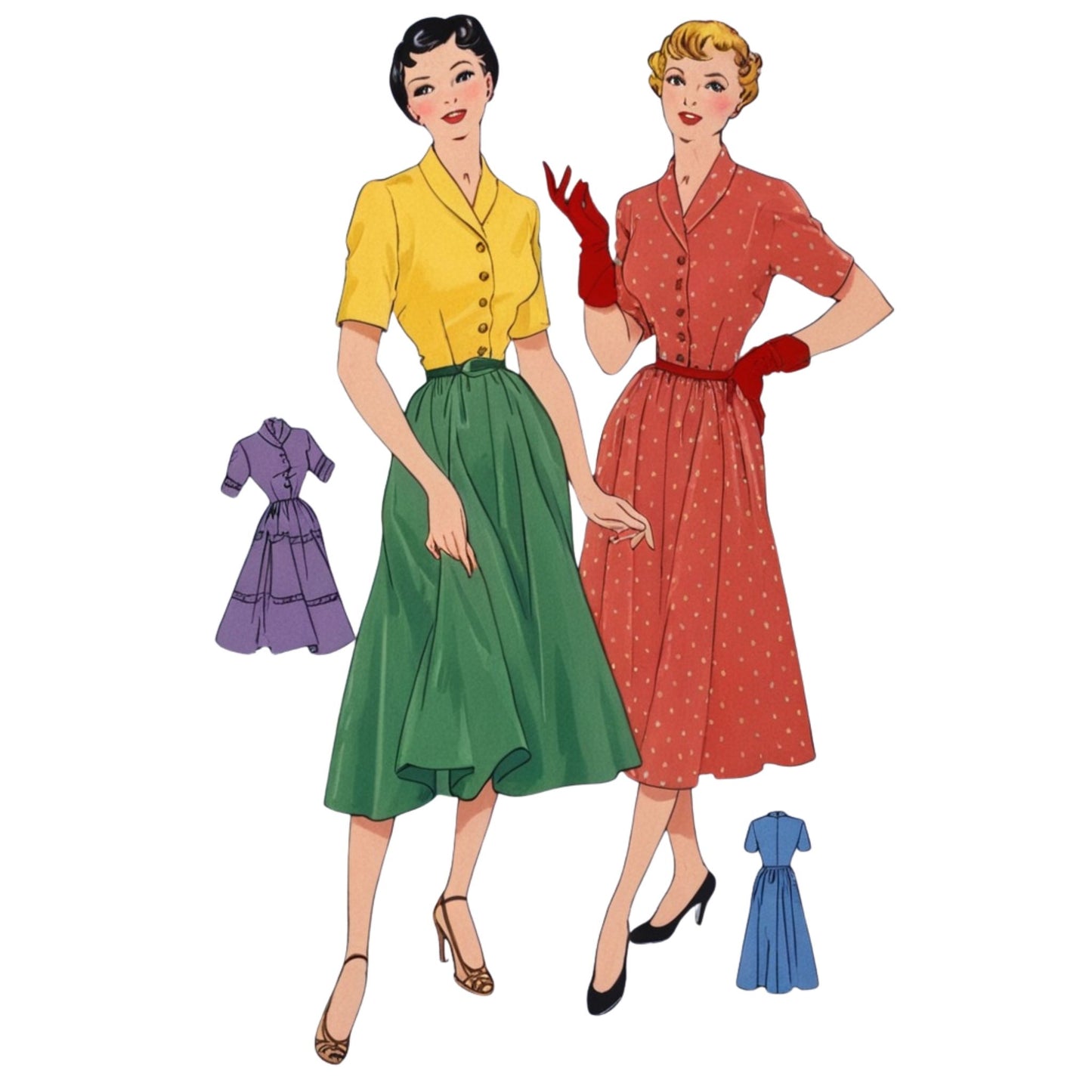 Illustration of two women wearing vintage dresses with small dress illustrations below.