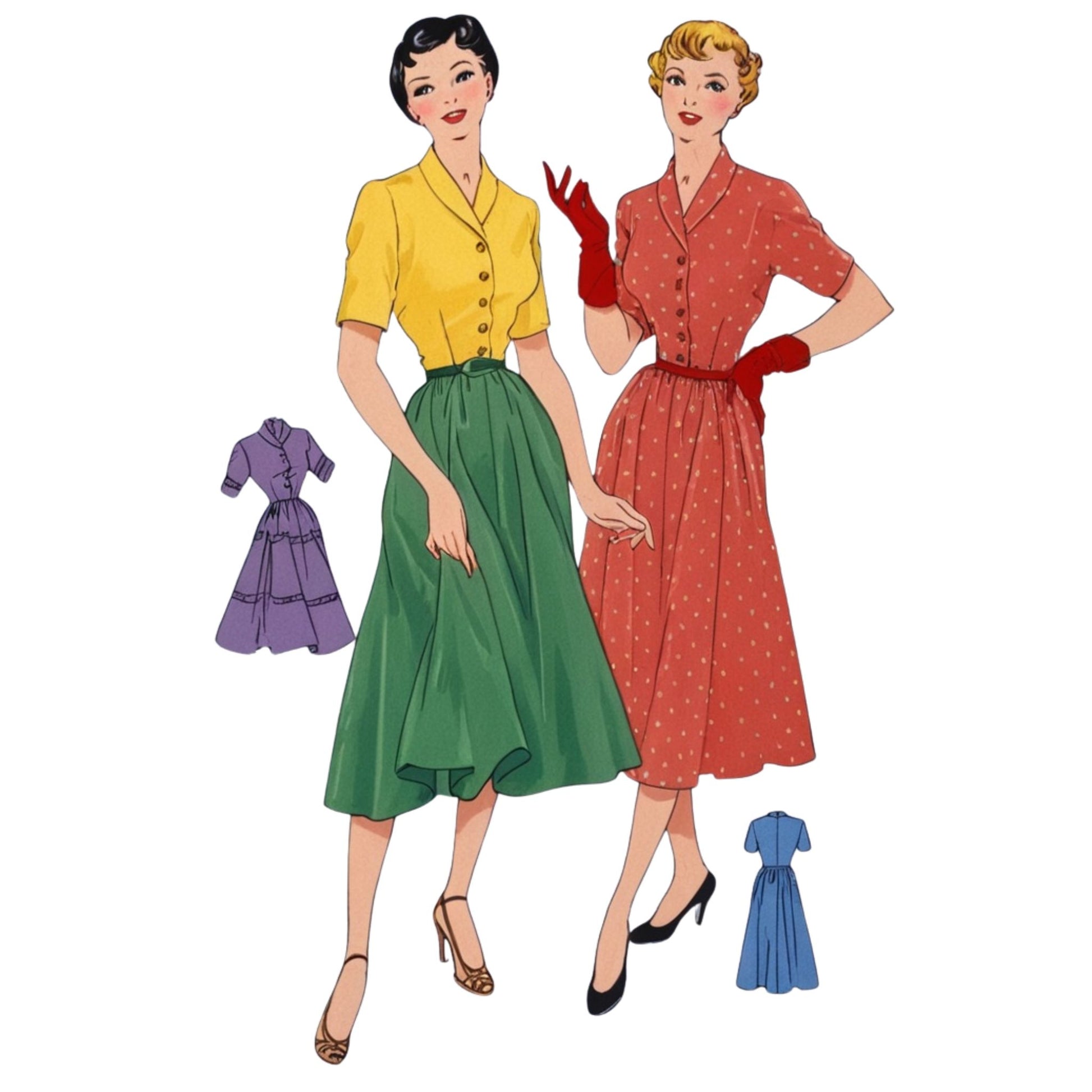 Illustration of two women wearing vintage dresses with small dress illustrations below.