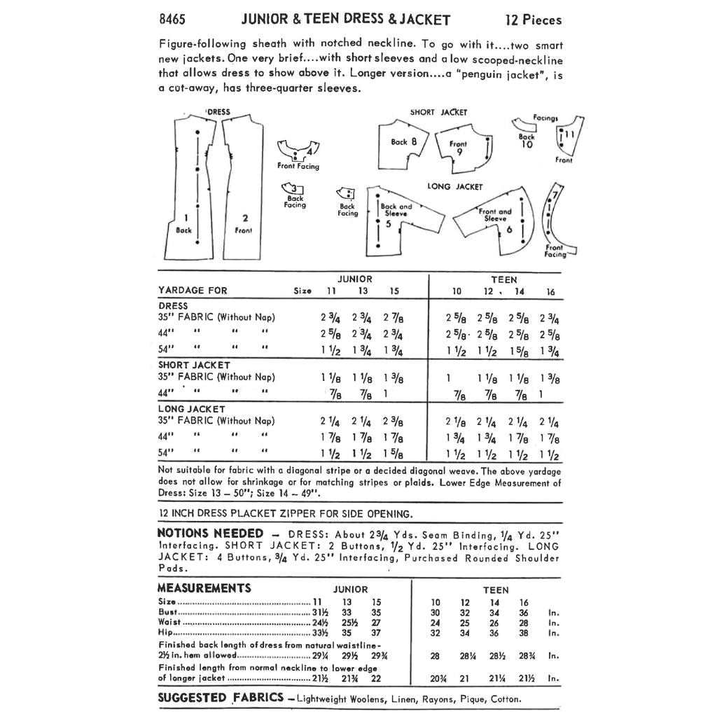 Vintage sewing pattern for junior and teen dress and jacket with fabric yardage chart.