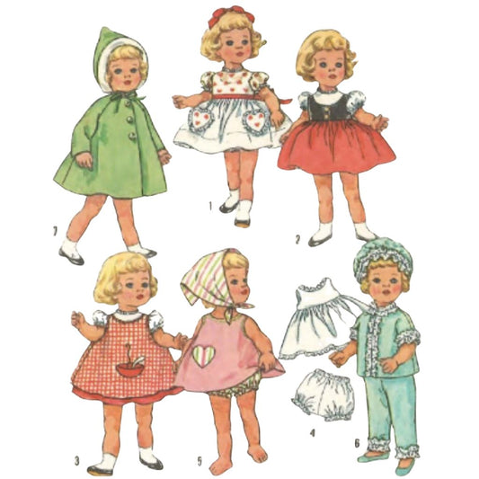 Doll outfits for a doll with a red and white gingham dress, a pink dress with a heart, a white dress with hearts, a red dress with a black bodice, a green hooded coat, a green and white striped bonnet and a green and white outfit with a white bonnet.
