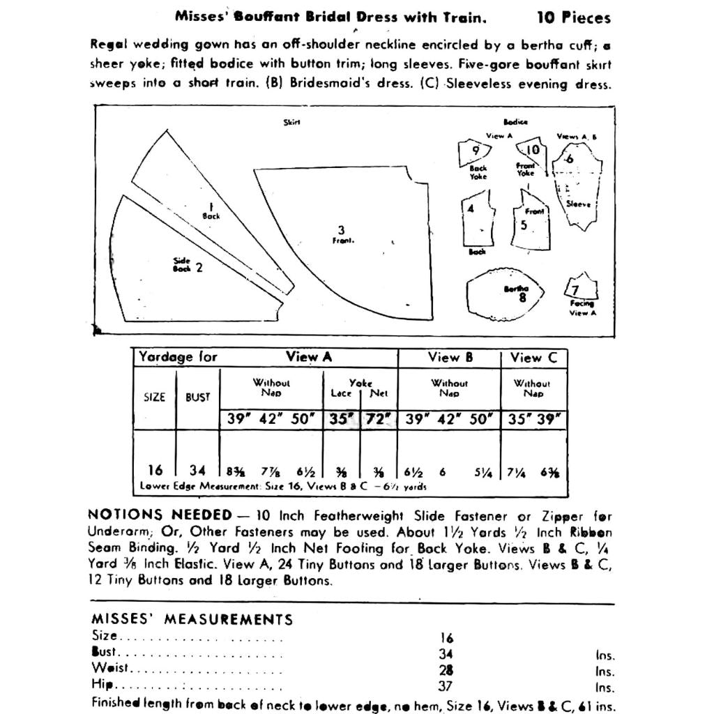 Vintage sewing pattern for a bridal dress with measurements and fabric requirements.