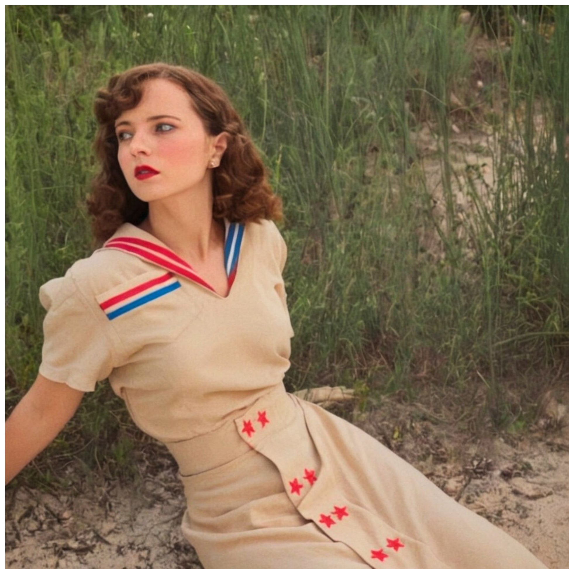 Woman in a vintage-style dress with red, white, and blue accents sitting in a natural setting.