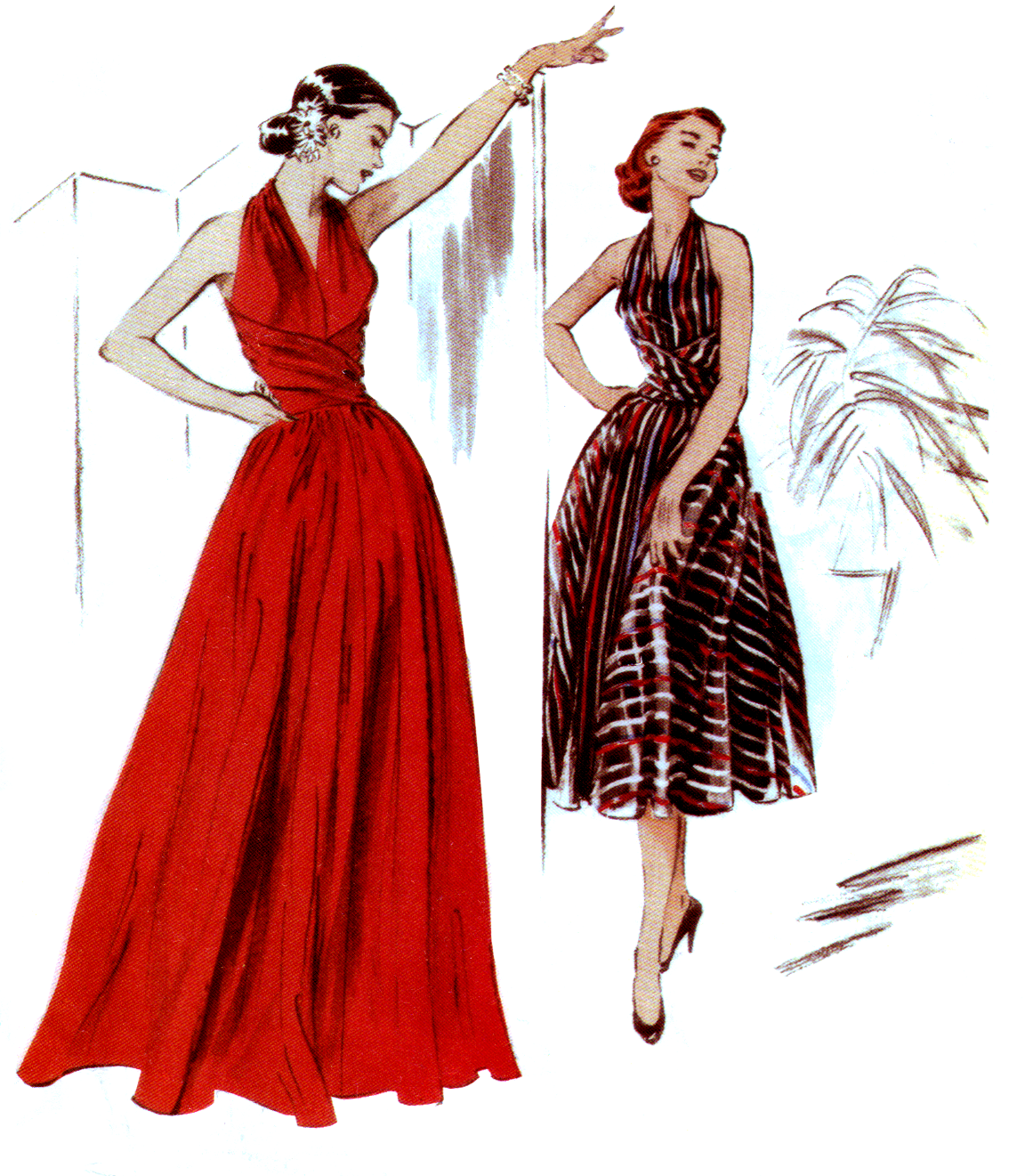 Illustration of two women wearing vintage dresses with abstract designs in the background.