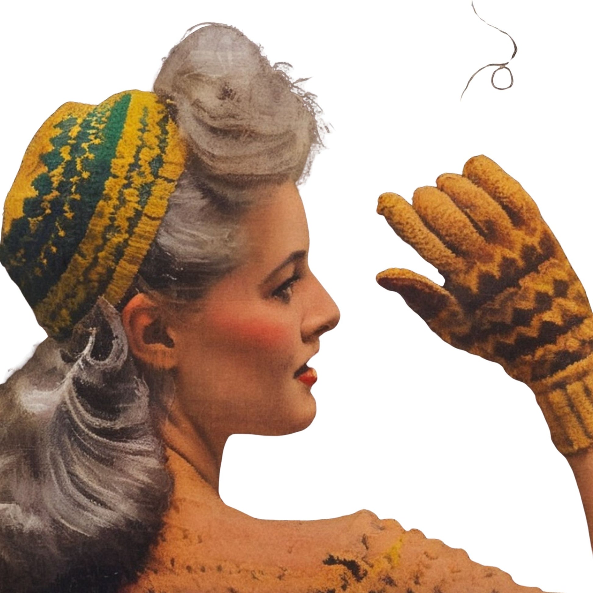 Woman wearing a yellow and green knitted hat and matching gloves against a white background