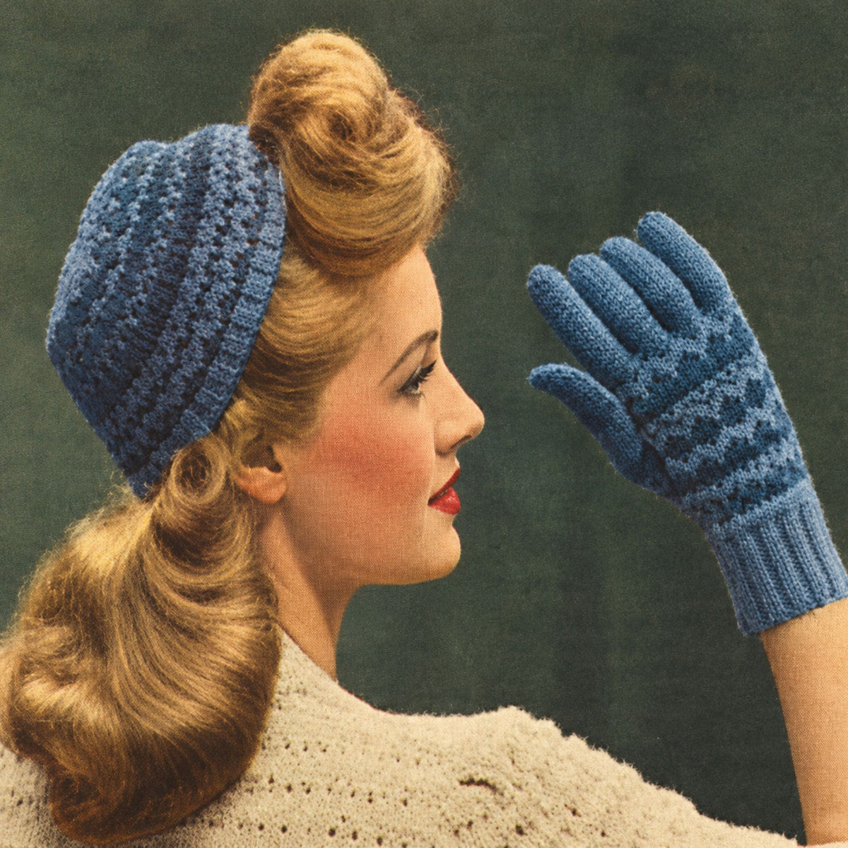 A vintage-style illustration of a woman in profile wearing a blue knit beanie and matching blue knit gloves, with her hair styled in a high bun against a dark green background.