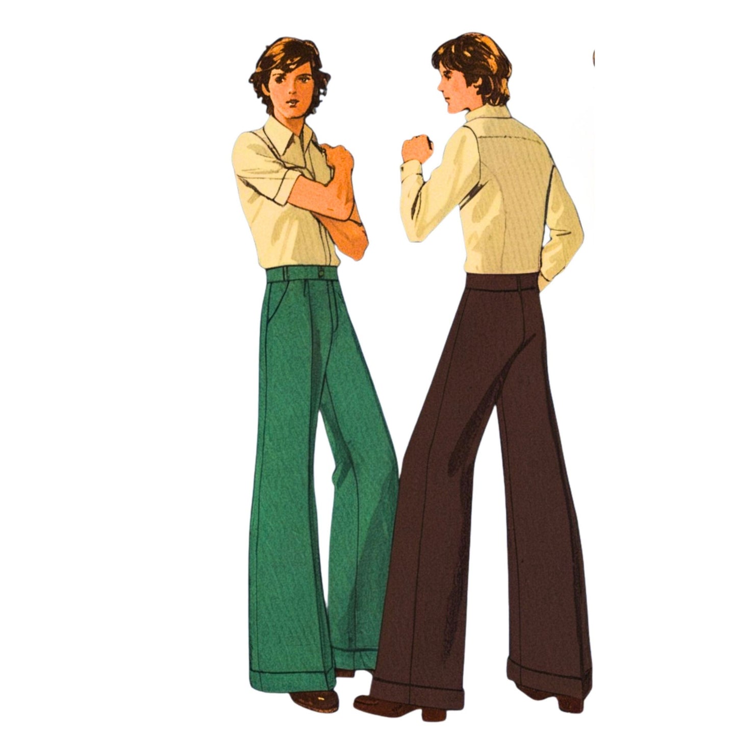 Illustration of two people wearing bell-bottom pants from the 1970s.
