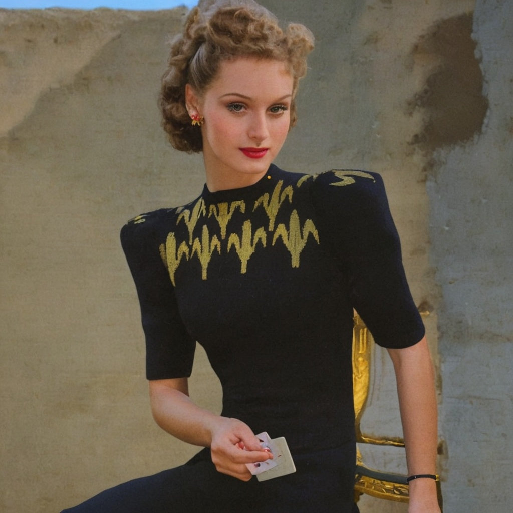 1940's Knitting Pattern, Woman wearing a Fleur De Lis Jumper 