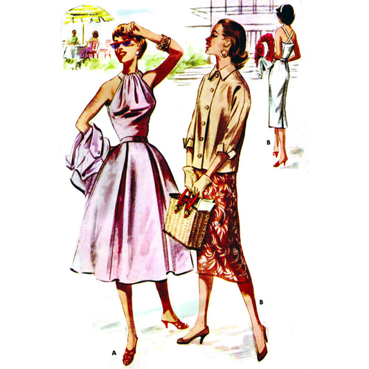 Model wearing halter dress with sin or full skirt and jacket made from McCall’s 3566 pattern