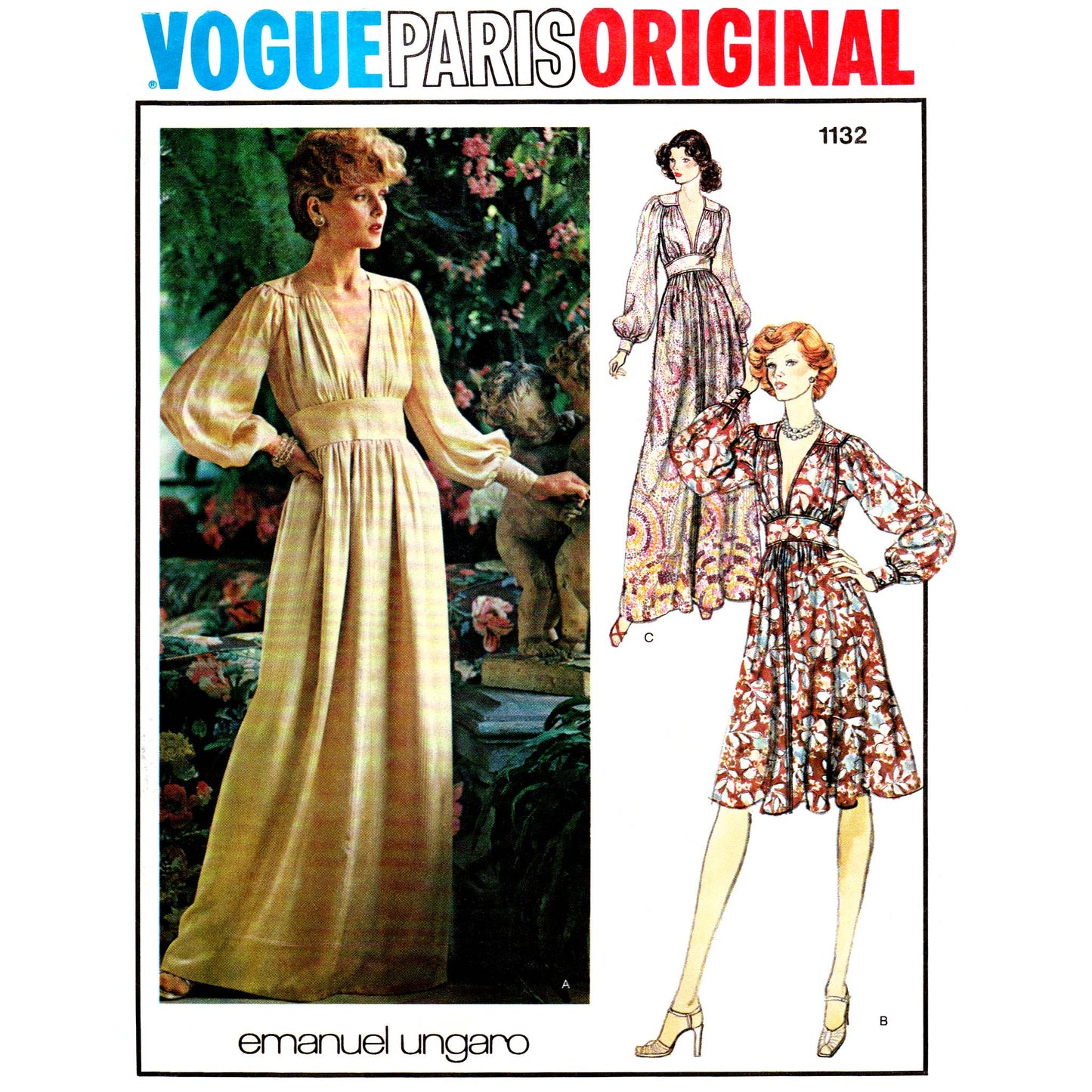 Vintage Vogue Paris Original sewing pattern cover, number 1132, featuring illustrated fashion sketches of a long-sleeve dress and a full-length model wearing a beige maxi dress, with the text 'VOGUE PARIS ORIGINAL' at the top and 'emanuel lingaro' at the bottom.
