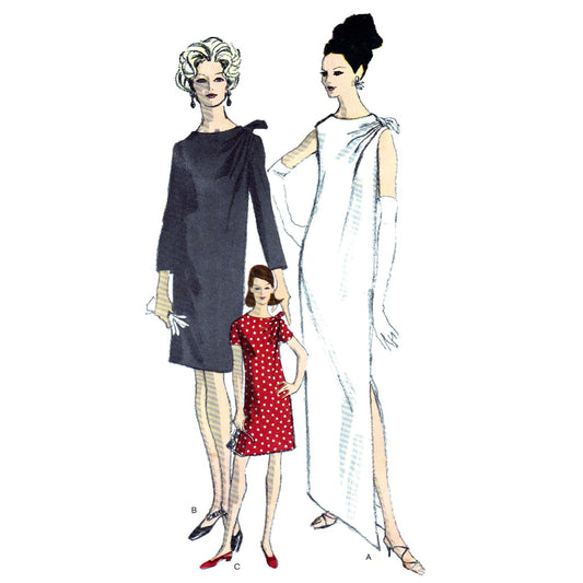 Illustration of three women wearing different dresses on a white background