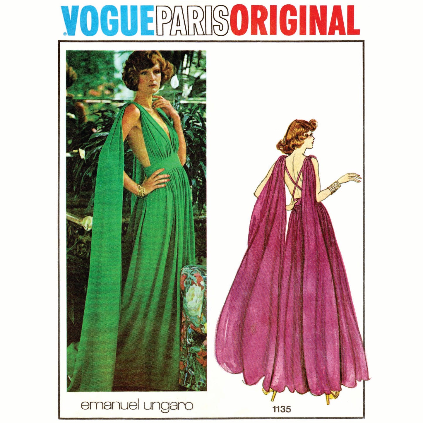 Vogue Paris Original advertisement with two women in green and purple dresses.
