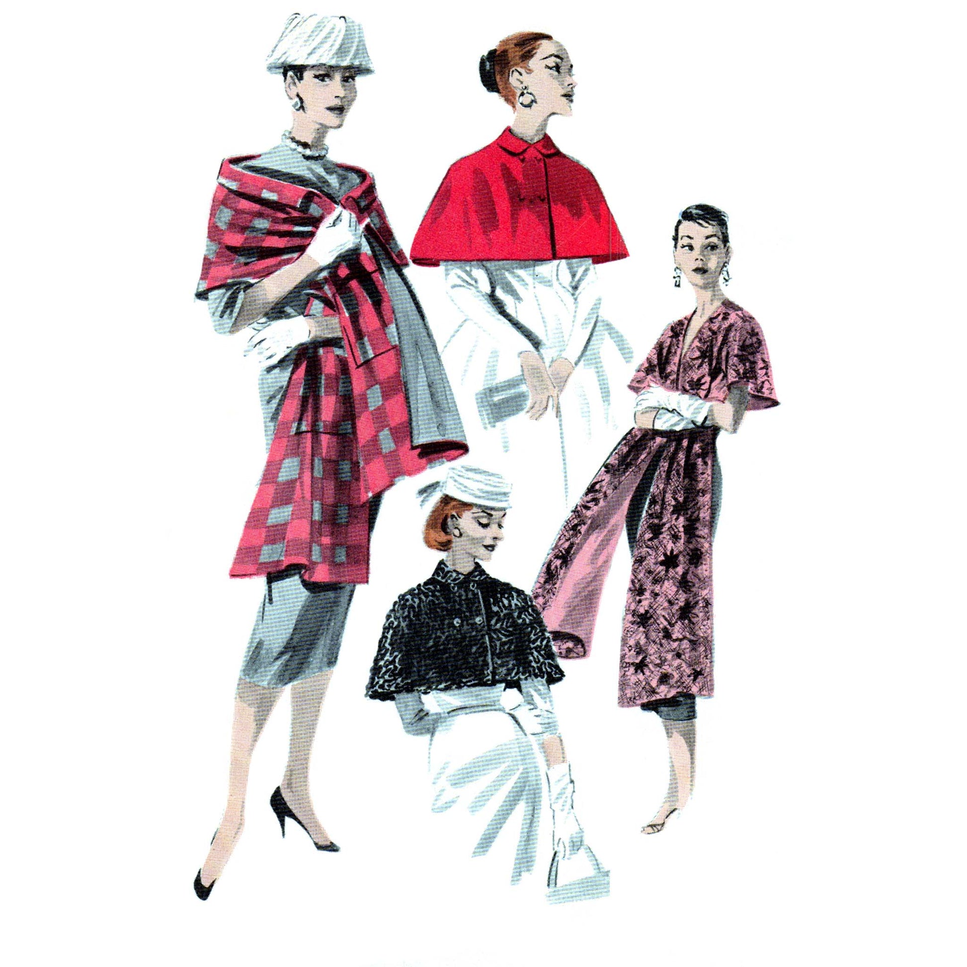 Four women in vintage clothing on a white background