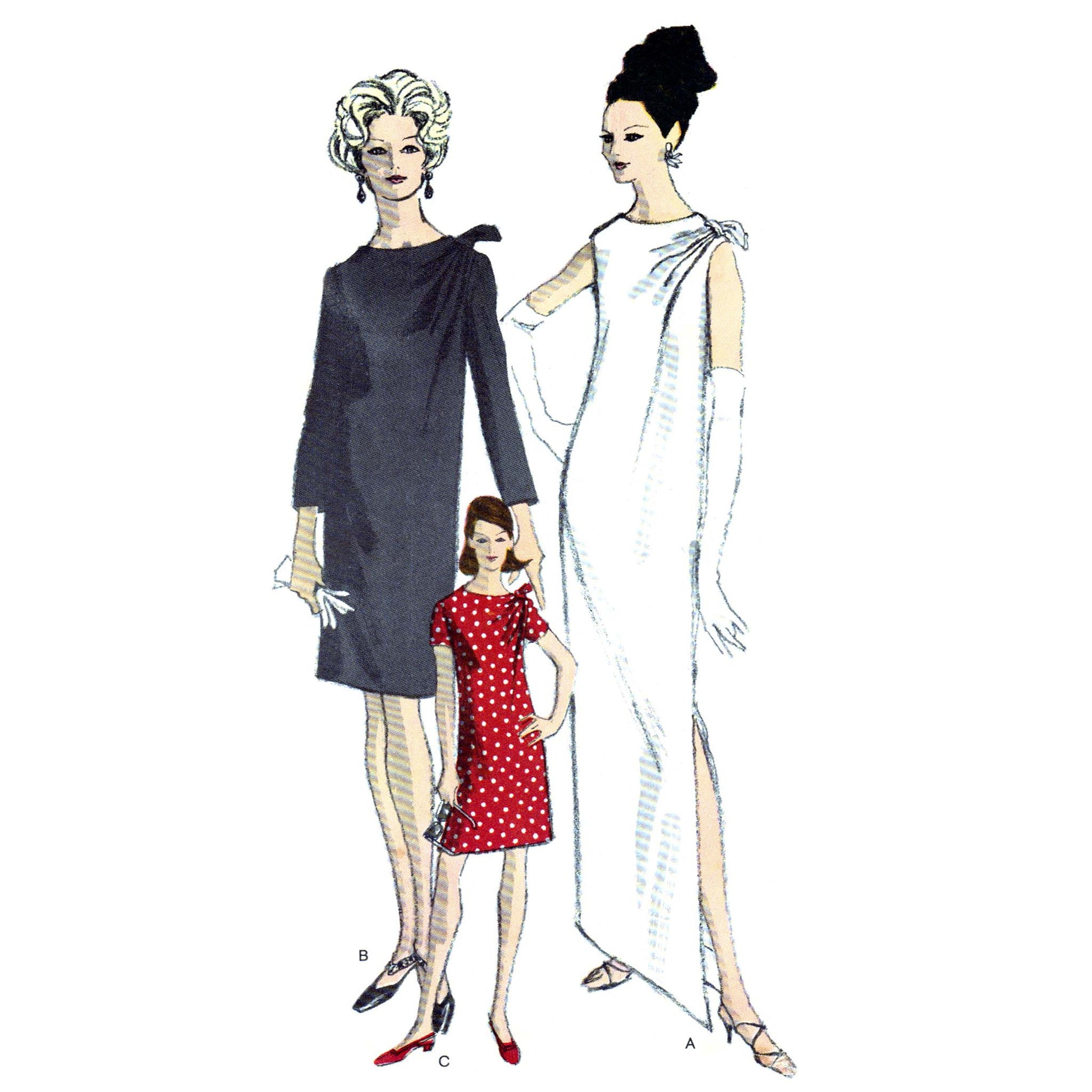 Illustration of three women wearing different dresses on a white background