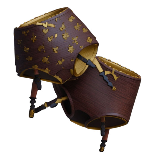 Brown and gold decorative item with intricate patterns on a white background