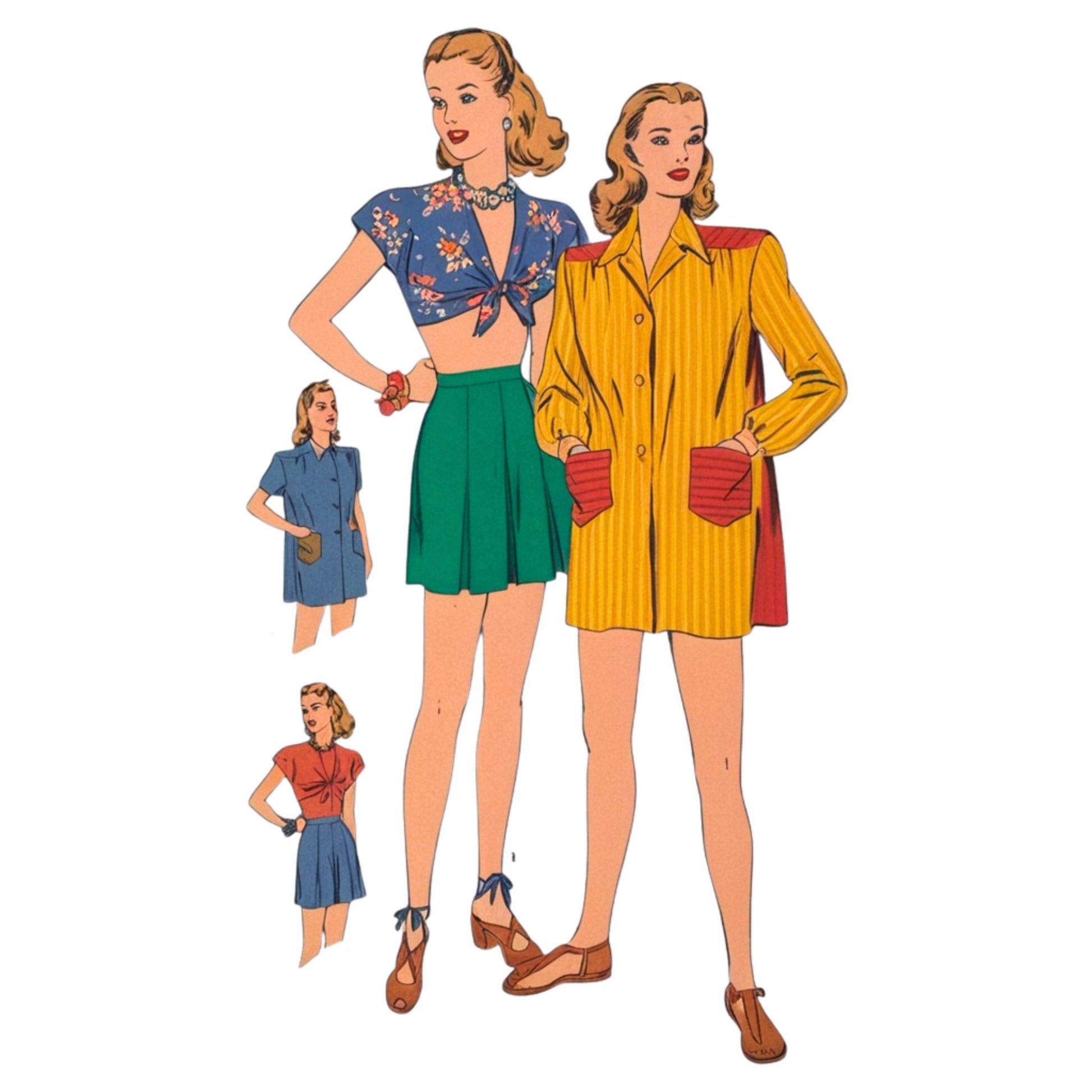 Illustration of women in vintage clothing with a smaller version of the same design in the corner.