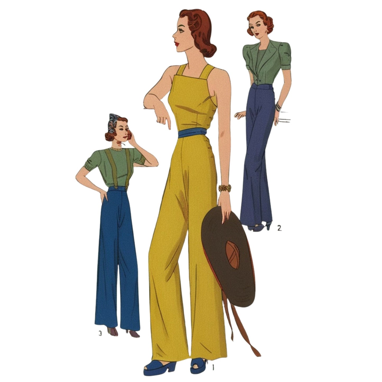 Illustrations of women wearing vintage outfits on a white background
