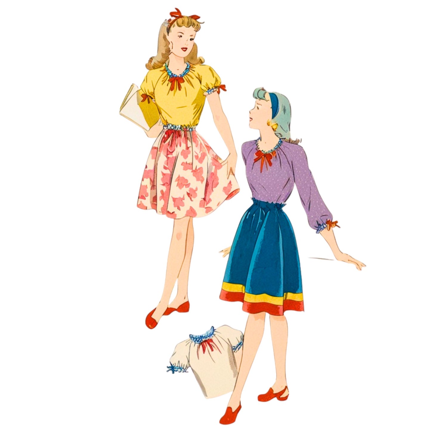 Illustration of two women in colorful outfits with a white background