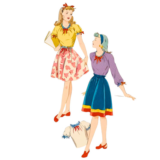 Illustration of two women in colorful outfits with a white background