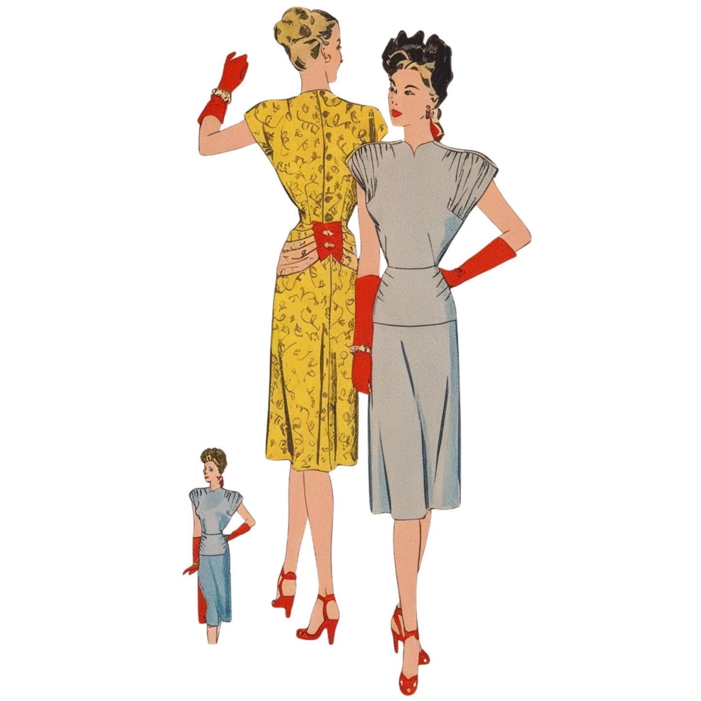 Illustration of two women wearing vintage dresses and gloves on a white background