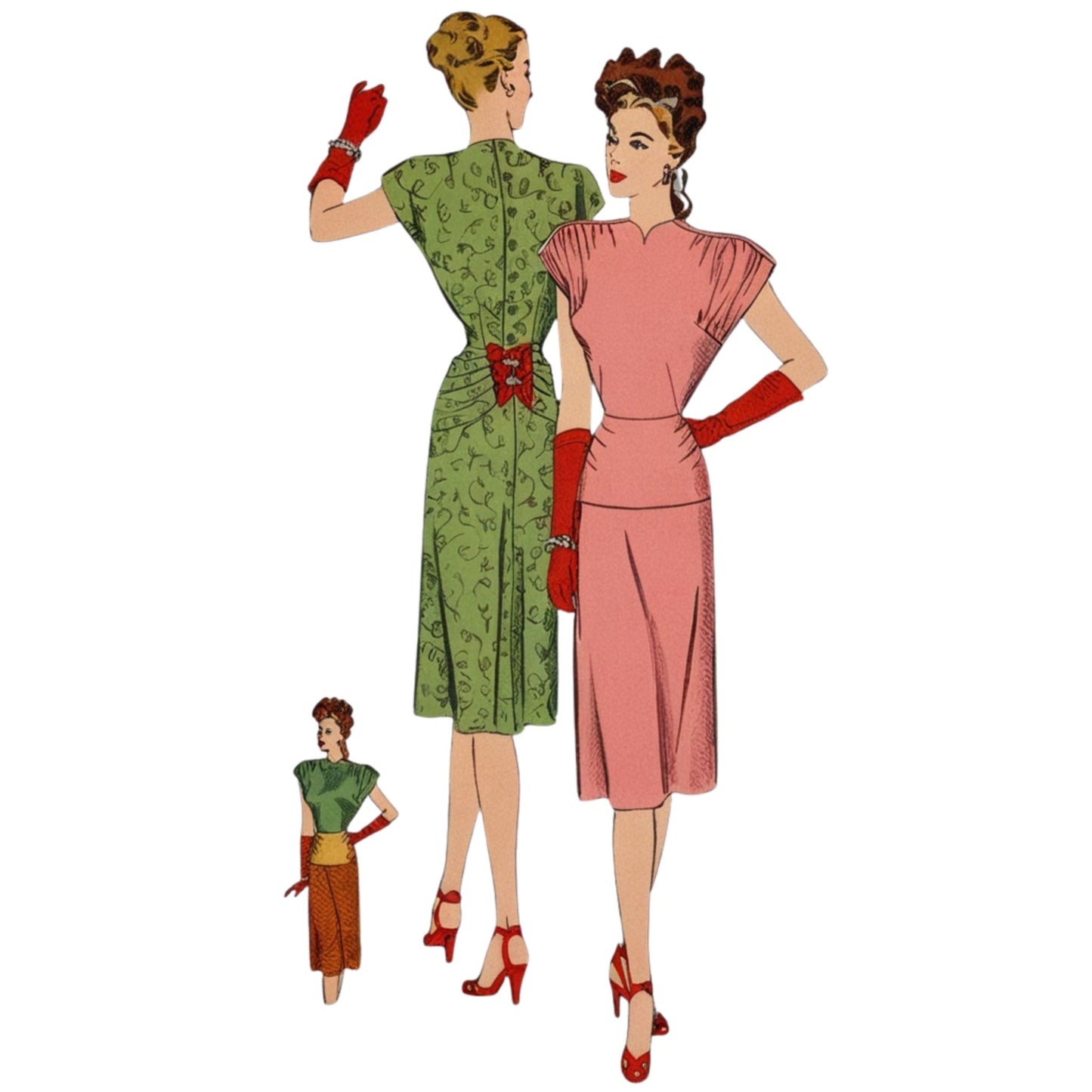 Illustration of two women wearing vintage dresses with a small figure in the corner.