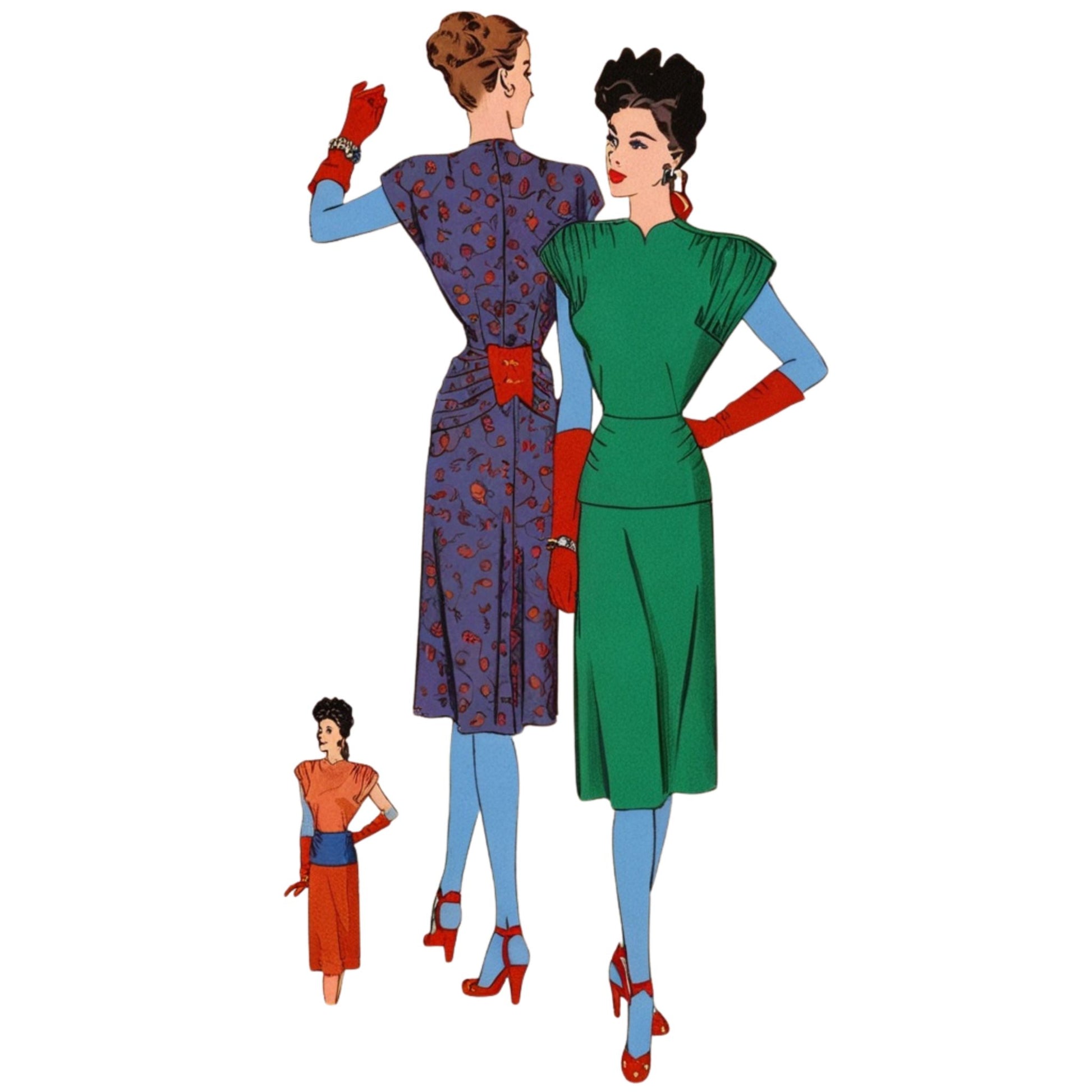 Illustration of two women in vintage dresses with a smaller figure beside them on a white background.