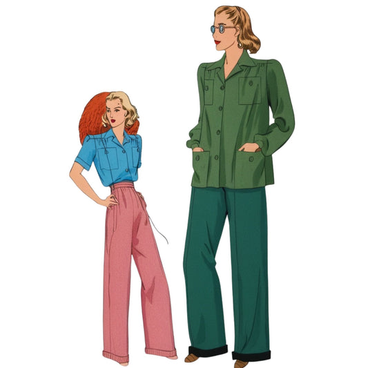 Two women in vintage-style outfits on a white background