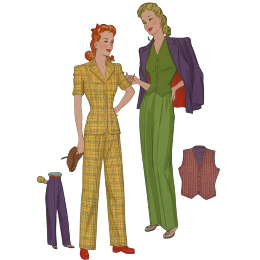 Two women in vintage-style outfits with a vest and pants on a white background