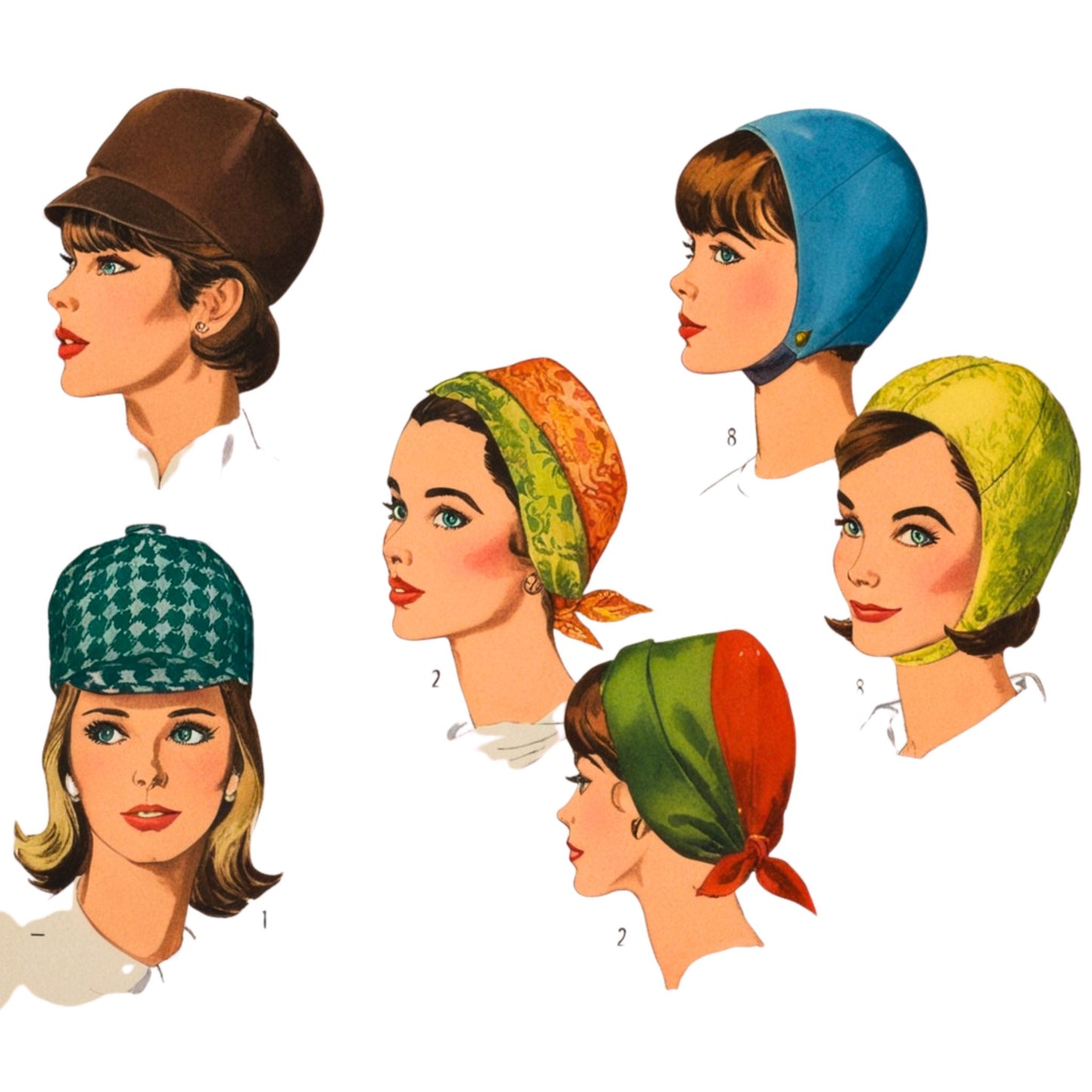 Illustrations of women wearing various hats and headscarves on a white background