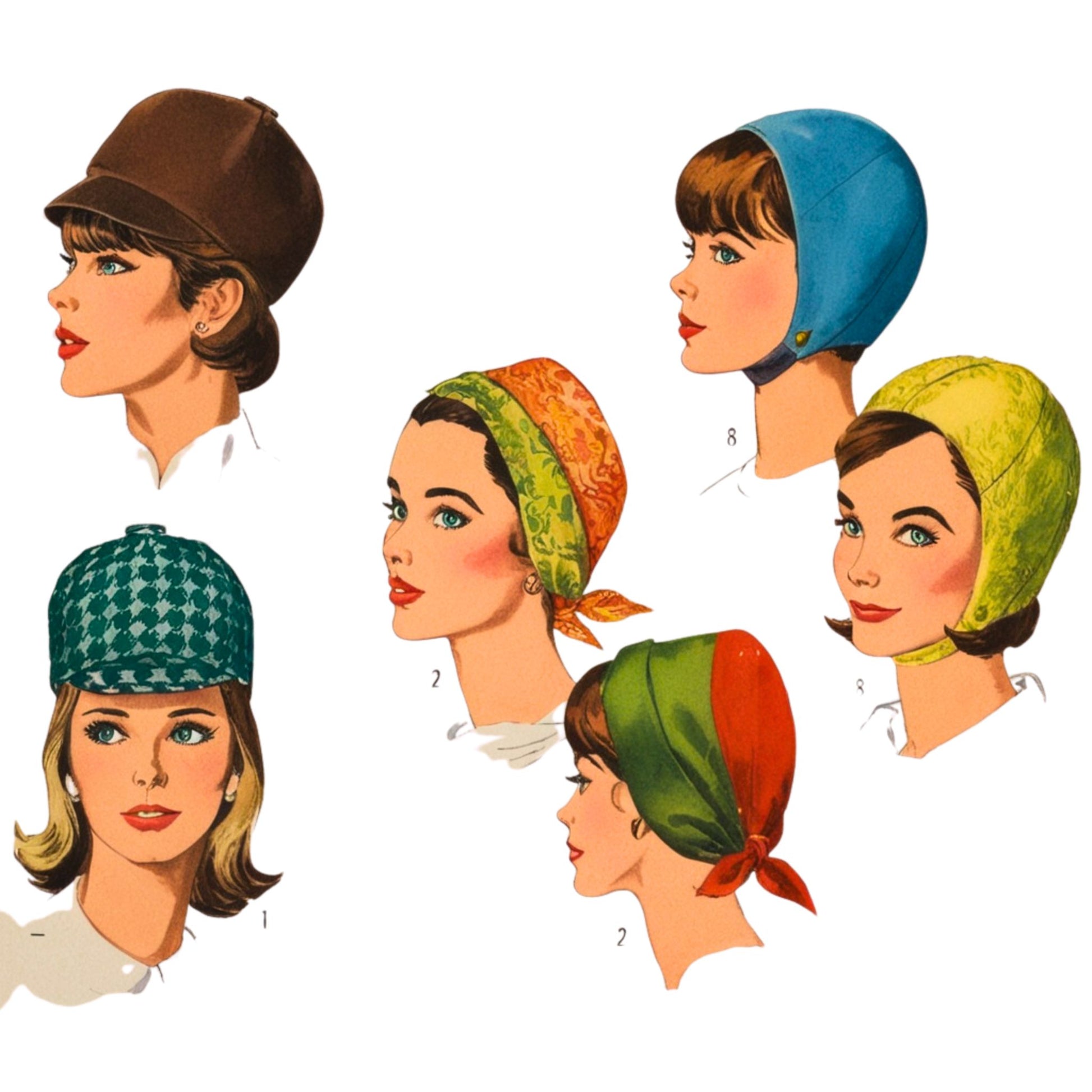 Illustrations of women wearing various hats and headscarves on a white background