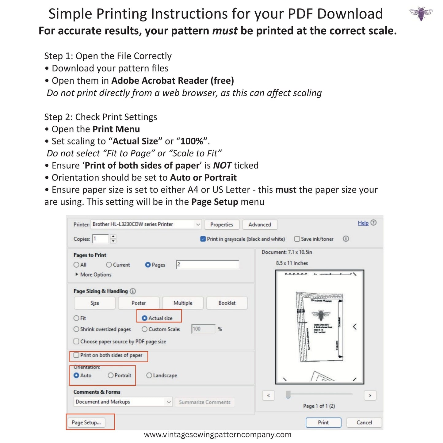 Printing instructions for a PDF pattern with Adobe Acrobat Reader interface.