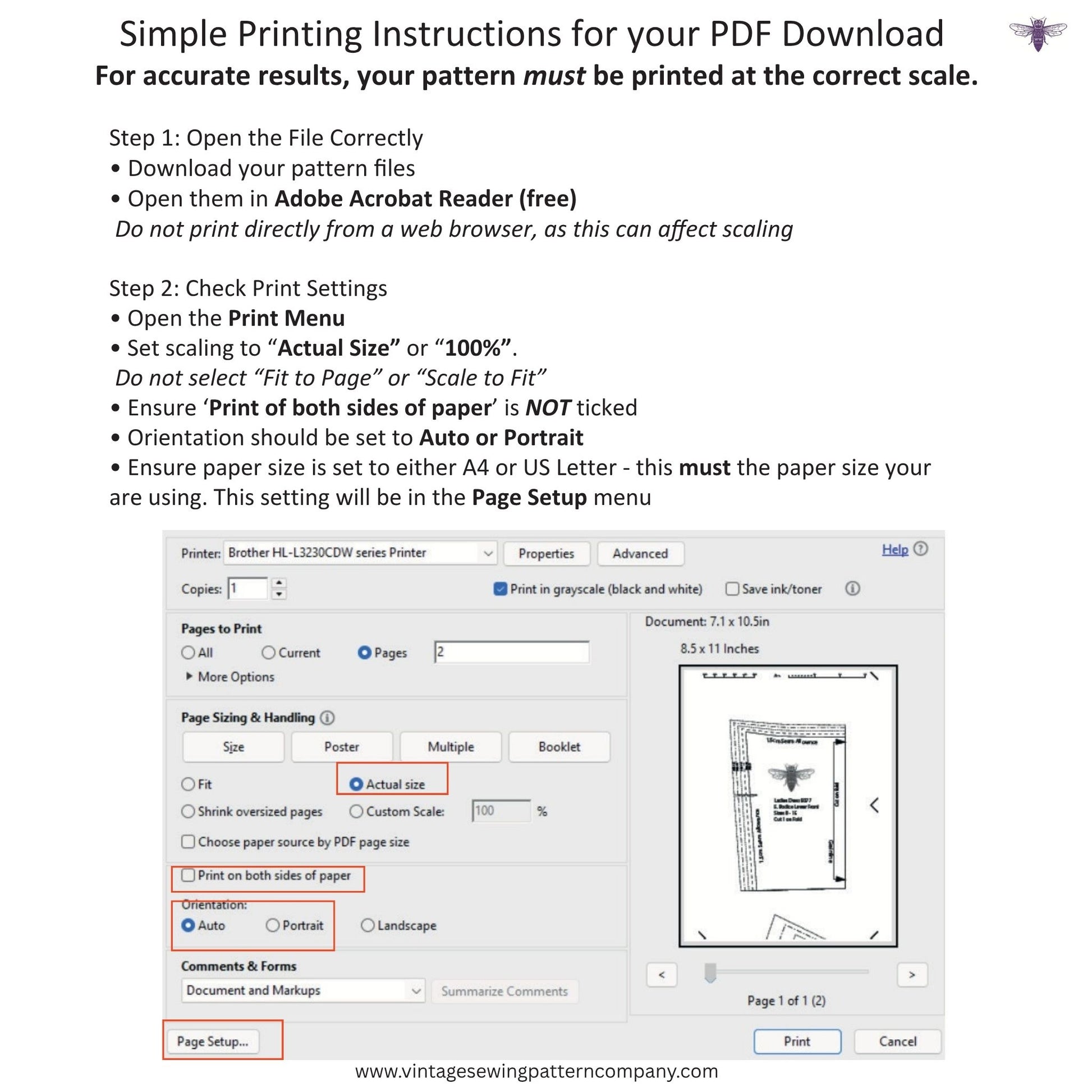 Printing instructions for a PDF pattern with Adobe Acrobat Reader interface.