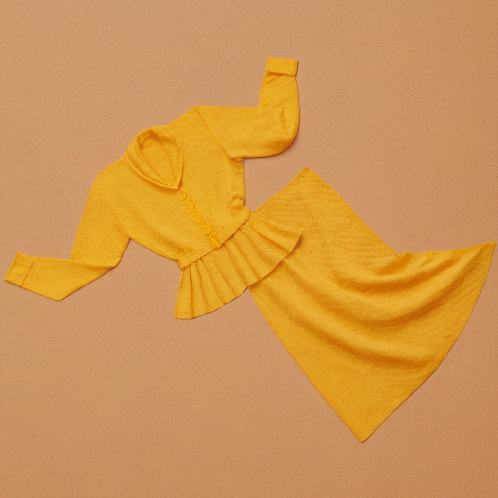Yellow outfit with long-sleeve top and pleated skirt on a brown background