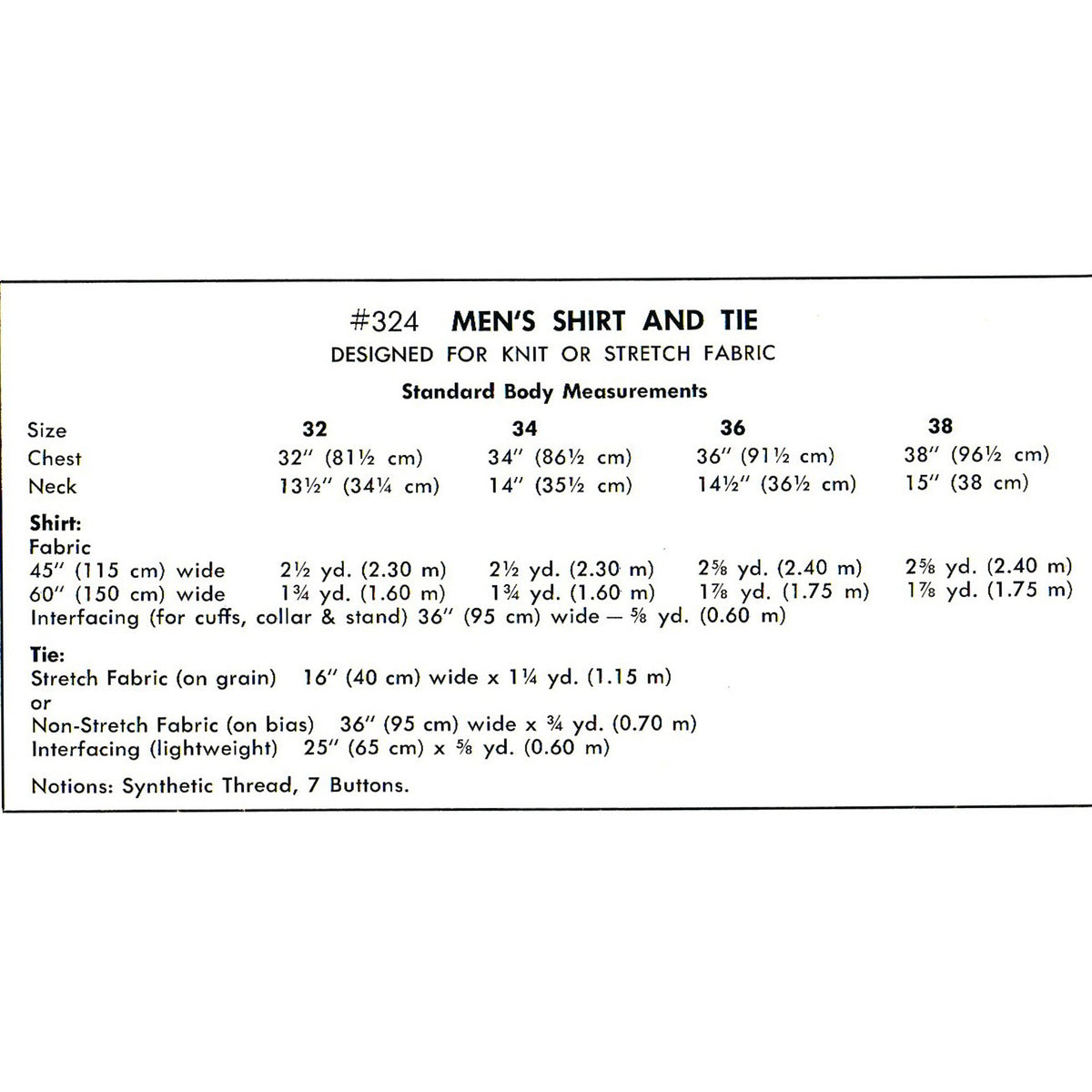 A black-and-white size and measurement chart for a men's shirt and tie, labelled #324, showing chest and neck measurements.