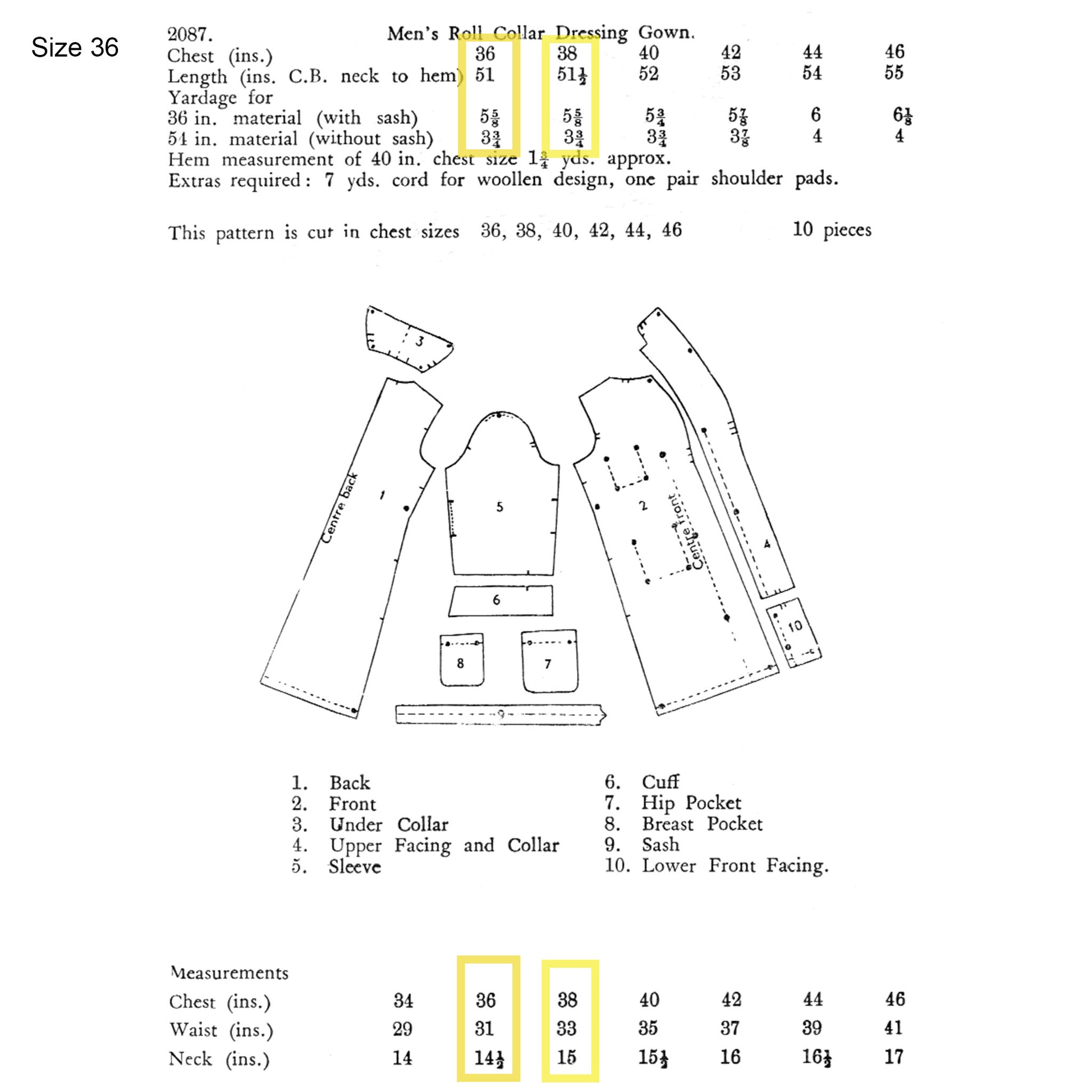 A printed sewing pattern sheet showing labelled flat pieces for a men's roll collar dressing gown, with measurements listed above and below the pattern pieces.